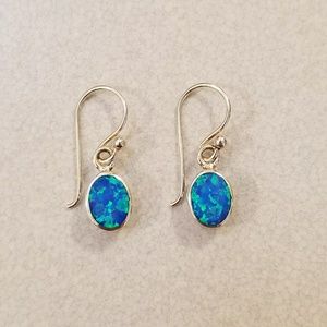 Created Blue Opal Oval Earrings